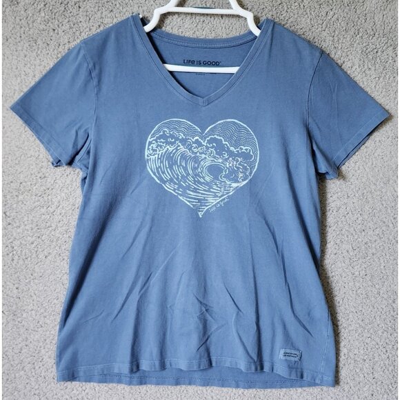 Life is Good Women's Sz L Short Sleeve V Neck Crusher Tee Shirt Heart Waves Blue - Picture 1 of 11
